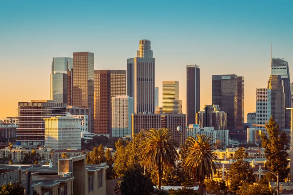 Downtown Los Angeles, California skyline at sunset.
